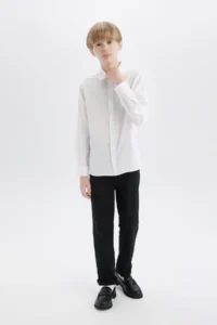 DeFacto Boy's Polo Neck Linen Look Long Sleeve Basic Plain Shirt W3236a625sm - Image 4