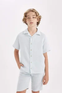 DeFacto Oversize Wide Fit Polo Neck Muslin Short Sleeve Shirt Boy - Image 3