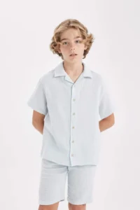DeFacto Oversize Wide Fit Polo Neck Muslin Short Sleeve Shirt Boy - Image 6