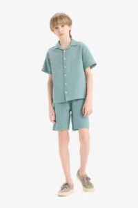 DeFacto Oversize Wide Fit Polo Neck Muslin Short Sleeve Shirt Boy - Image 3