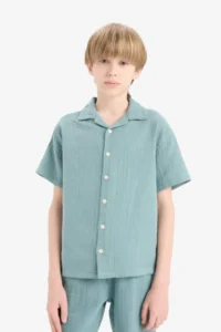 DeFacto Oversize Wide Fit Polo Neck Muslin Short Sleeve Shirt Boy - Image 4
