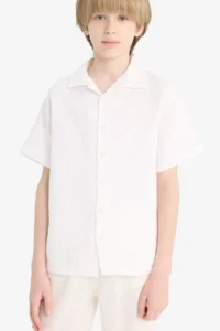 DeFacto Oversize Wide Fit Polo Neck Muslin Short Sleeve Shirt Boy - Image 6