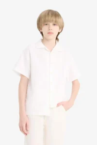 DeFacto Oversize Wide Fit Polo Neck Muslin Short Sleeve Shirt Boy - Image 7