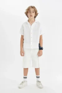 DeFacto Boy's Oversize Wide Fit Polo Neck Muslin Short Sleeve Shirt W3239a624hs - Image 3