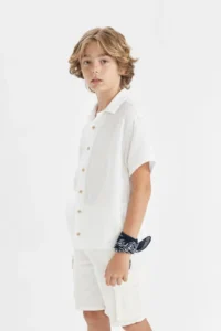DeFacto Boy's Oversize Wide Fit Polo Neck Muslin Short Sleeve Shirt W3239a624hs - Image 5
