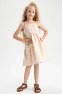DeFacto Girl's Regular Fit Patterned Strappy Summer Poplin Dress