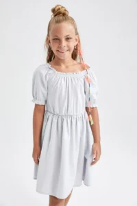 DeFacto Girl's Short Sleeve Cotton Linen Look Dress W7755a622sm
