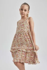 DeFacto Girl's Square Neck Strap Flounced Twist Dress