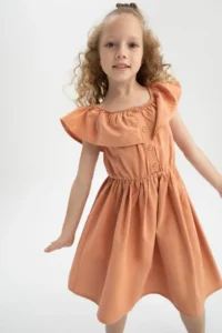 DeFacto Girl's Flexible Carmen Collar Short Sleeveless Poplin Dress - Image 6