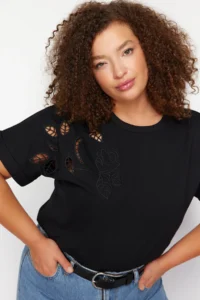 Trendyol Curve Black embroidery Detailed Basic 100% Cotton Knitting T-Shirt - Image 5