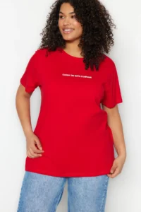 Trendyol Curve Red relaxed Fit Slogan Printed Crew Neck 100% Cotton Knitting Plus Size T-Shirt - Image 2