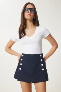 Happiness İstanbul Women's Navy Blue Button Detailed Woven Shorts Skirt - Image 2