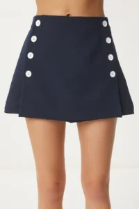 Happiness İstanbul Women's Navy Blue Button Detailed Woven Shorts Skirt - Image 3