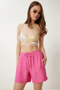 Happiness İstanbul Women Dark Pink textured Linen Shorts