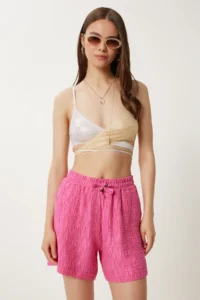 Happiness İstanbul Women Dark Pink textured Linen Shorts - Image 2