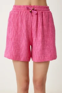 Happiness İstanbul Women Dark Pink textured Linen Shorts - Image 3