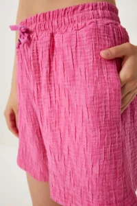 Happiness İstanbul Women Dark Pink textured Linen Shorts - Image 4