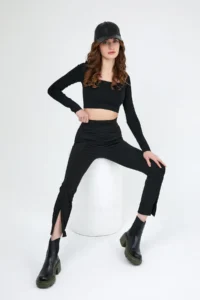 Domoda Black High Waist Front Slit Wide Leg Thickening Winter Tights