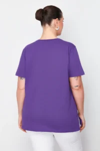 Trendyol Curve Purple relaxed Fit Slogan Printed Crew Neck 100% Cotton Knitting Plus Size T-Shirt - Image 6