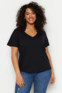 Trendyol Curve Black-White 2 Sets Paket Basic V-neck 100% Cotton Knitting Plus Size T-Shirt - Image 5