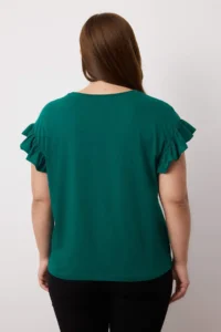 Trendyol Curve Emerald Green Crew Neck Sleeves Frilly 100% Cotton Knitting T-Shirt - Image 4