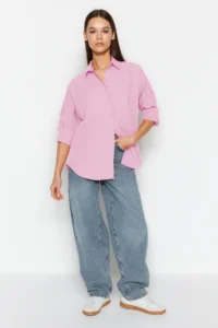 TRENDYOLMİLLA Pink Cotton Oversized Wide Pattern Weaving Shirt - Image 8