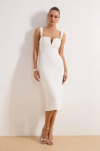 TRENDYOLMİLLA Ecru Stone Accessory Detailed Weaving Midi Elegant/Evening Dress - Image 2