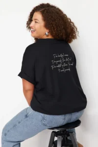 Trendyol Curve Black Crew Neck Back Printed 100% Cotton Knitting T-Shirt - Image 3