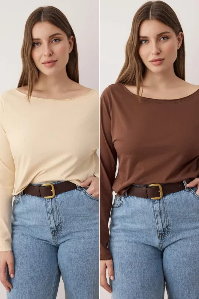 Trendyol Curve Brown-Beige 2 Sets Paket 100% Cotton Asymmetric Boat Neck Crop Knitting T-Shirt