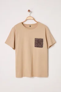Trendyol Curve Beige Oversized animals Printed Pocket detailed 100% Cotton Knitting Plus Size T-Shirt - Image 5