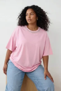 Trendyol Curve Pink Stoned Collar Relaxed Fit 100% Cotton Knitting Plus Size T-Shirt