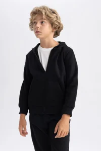 DeFacto Boy's Black Hooded Pique School Cardigan X5844a623au - Image 3