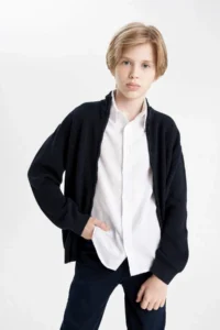 DeFacto Boy's Navy Blue Half Turtleneck Knitwear School Basic Cardigan