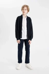 DeFacto Boy's Navy Blue Half Turtleneck Knitwear School Basic Cardigan - Image 2