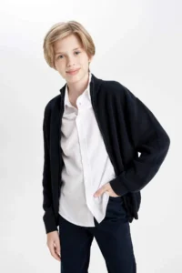 DeFacto Boy's Navy Blue Half Turtleneck Knitwear School Basic Cardigan - Image 3