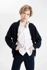 DeFacto Boy's Navy Blue Half Turtleneck Knitwear School Basic Cardigan - Image 4