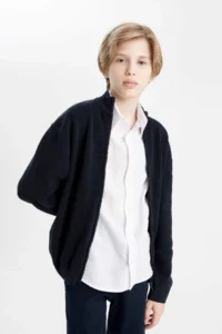 DeFacto Boy's Navy Blue Half Turtleneck Knitwear School Basic Cardigan - Image 5
