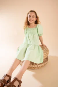 DeFacto Girl's Relax Fit Square Neck Short Sleeve Gimped Cotton Poplin Dress