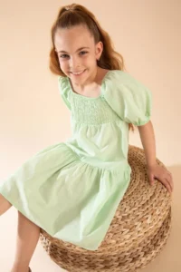 DeFacto Girl's Relax Fit Square Neck Short Sleeve Gimped Cotton Poplin Dress - Image 2