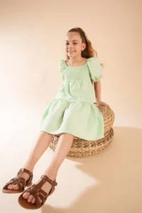 DeFacto Girl's Relax Fit Square Neck Short Sleeve Gimped Cotton Poplin Dress - Image 3