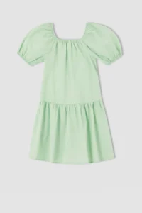 DeFacto Girl's Relax Fit Square Neck Short Sleeve Gimped Cotton Poplin Dress - Image 7