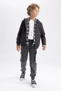 DeFacto Boy's Anthracite Hooded Thick School Cardigan X7382a623au - Image 2