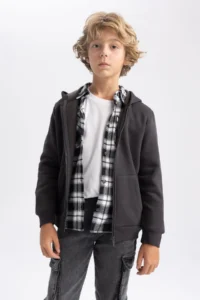 DeFacto Boy's Anthracite Hooded Thick School Cardigan X7382a623au - Image 3