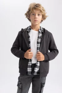 DeFacto Boy's Anthracite Hooded Thick School Cardigan X7382a623au - Image 4