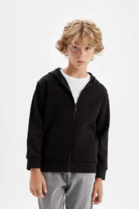 DeFacto Boy's Basic Plain Black Hooded School Cardigan with Zipper Pocket X7382a624au