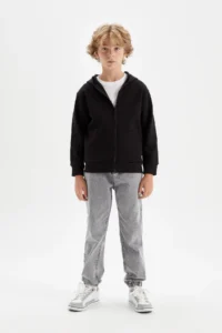 DeFacto Boy's Basic Plain Black Hooded School Cardigan with Zipper Pocket X7382a624au - Image 2