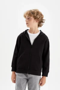 DeFacto Boy's Basic Plain Black Hooded School Cardigan with Zipper Pocket X7382a624au - Image 3