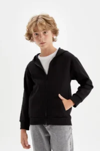 DeFacto Boy's Basic Plain Black Hooded School Cardigan with Zipper Pocket X7382a624au - Image 4
