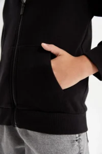 DeFacto Boy's Basic Plain Black Hooded School Cardigan with Zipper Pocket X7382a624au - Image 5