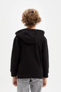 DeFacto Boy's Basic Plain Black Hooded School Cardigan with Zipper Pocket X7382a624au - Image 6